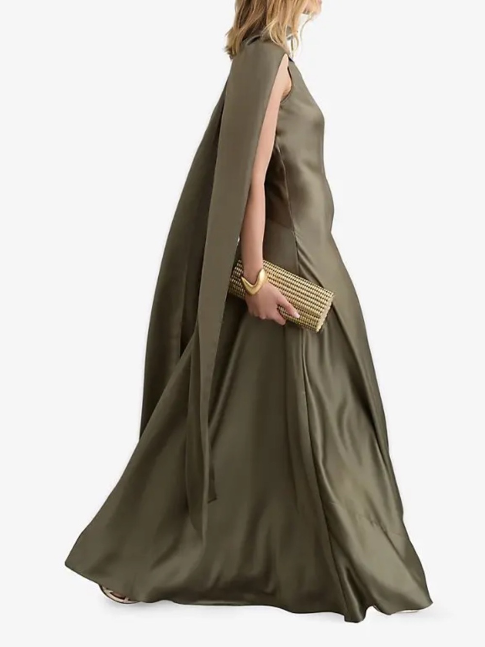 Reiss Satin Maxi Dress With Cape Detail - Khaki Green, US8 2P 6P - Picture 4 of 10